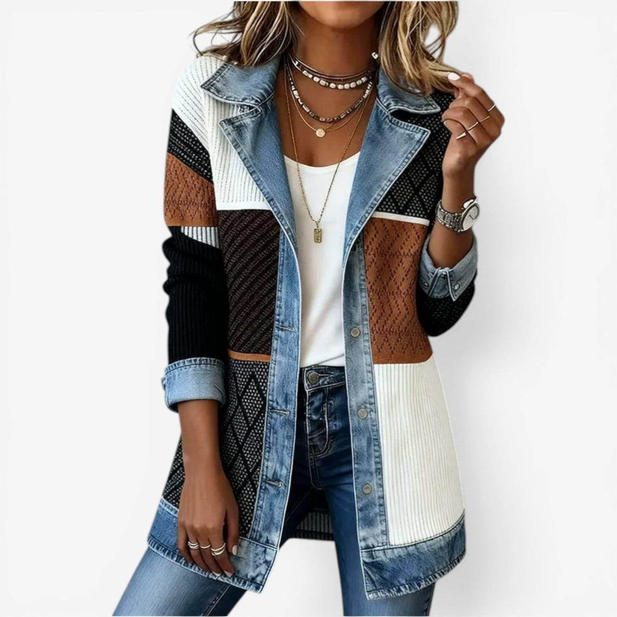 Ellen | Stickad jacka med jeanslook för dam - Flerfärgad