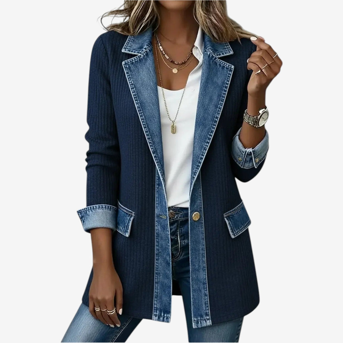 Ellen | Stickad jacka med jeanslook för dam - Marinblå