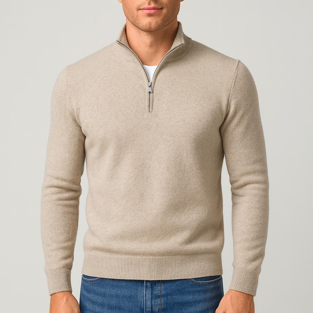 Kasper | Stickad halfzip-tröja i merinoull för herr - Beige