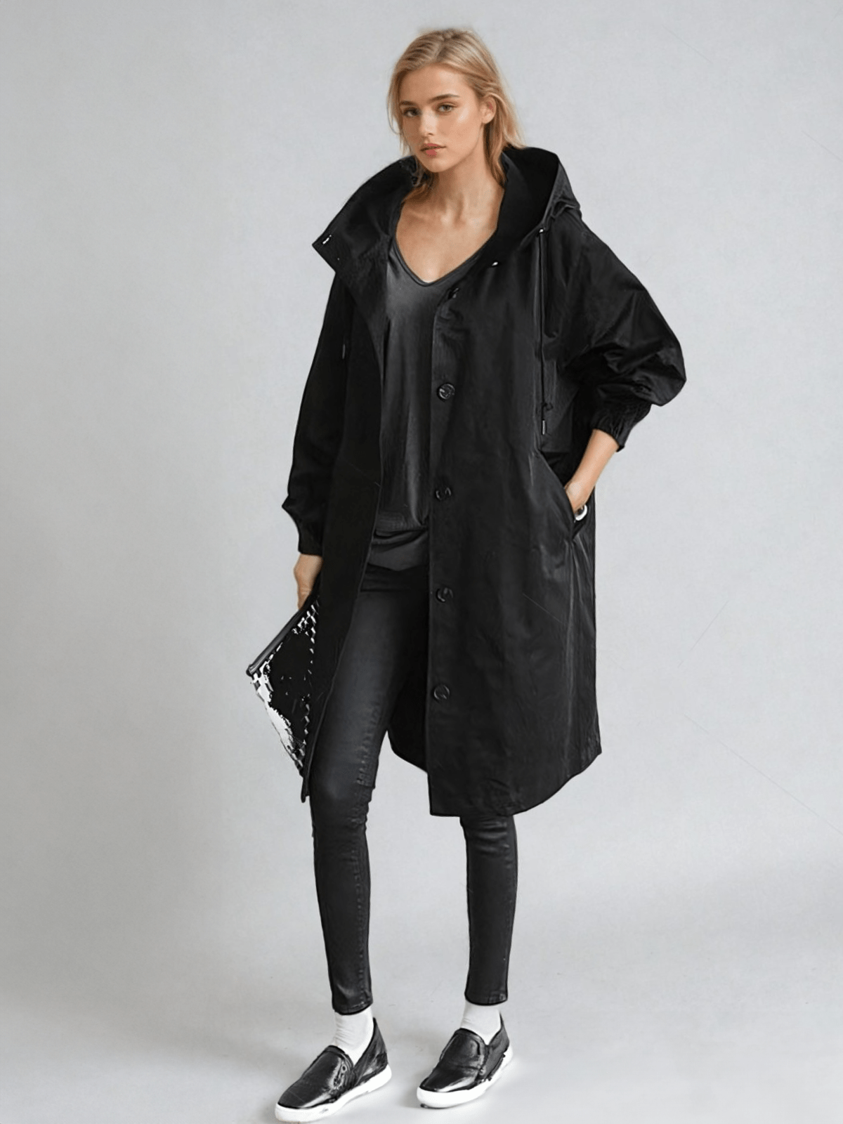 Elin | Trenchcoat dam med huva - Svart