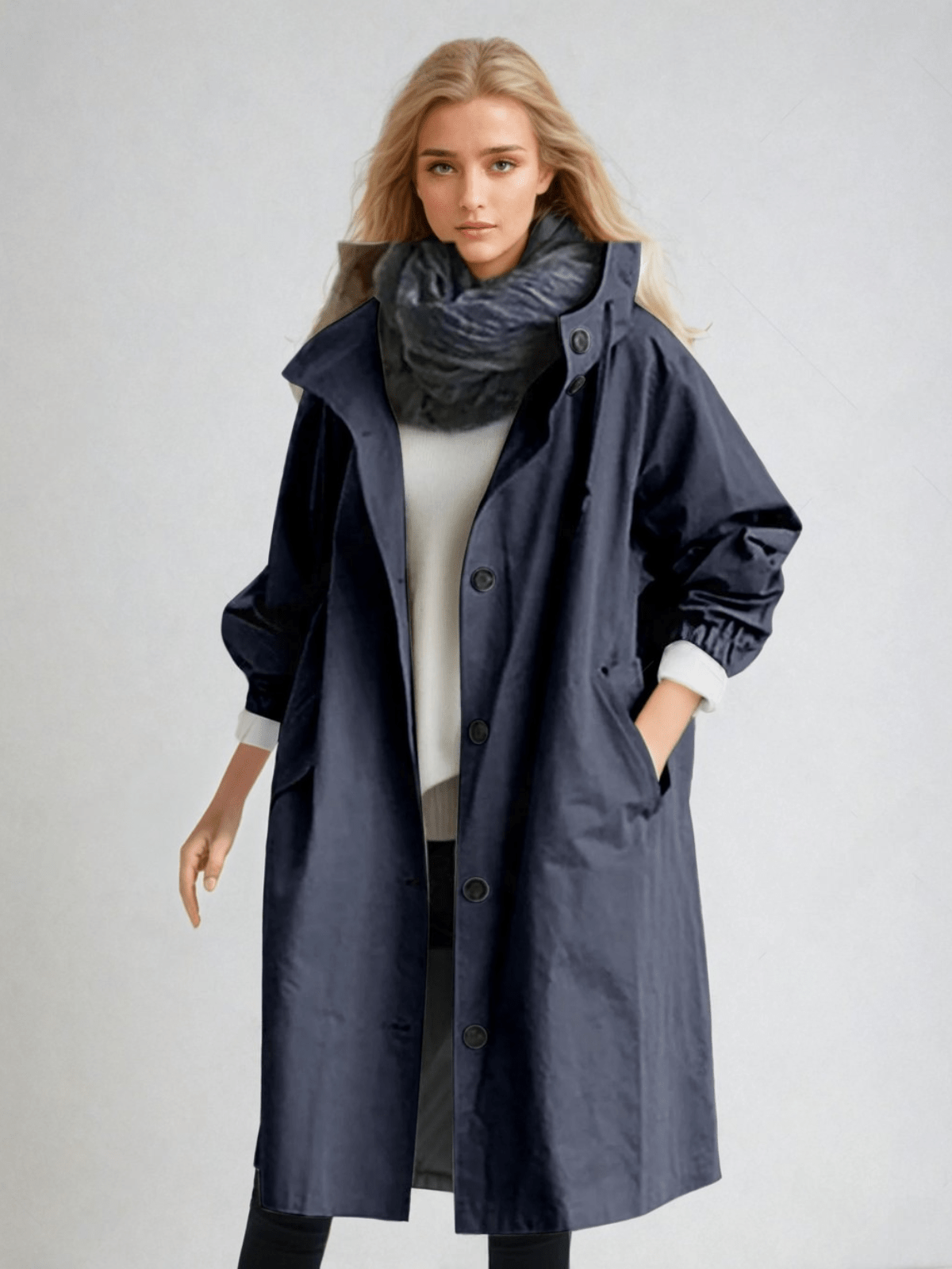 Elin | Trenchcoat dam med huva - Marinblå