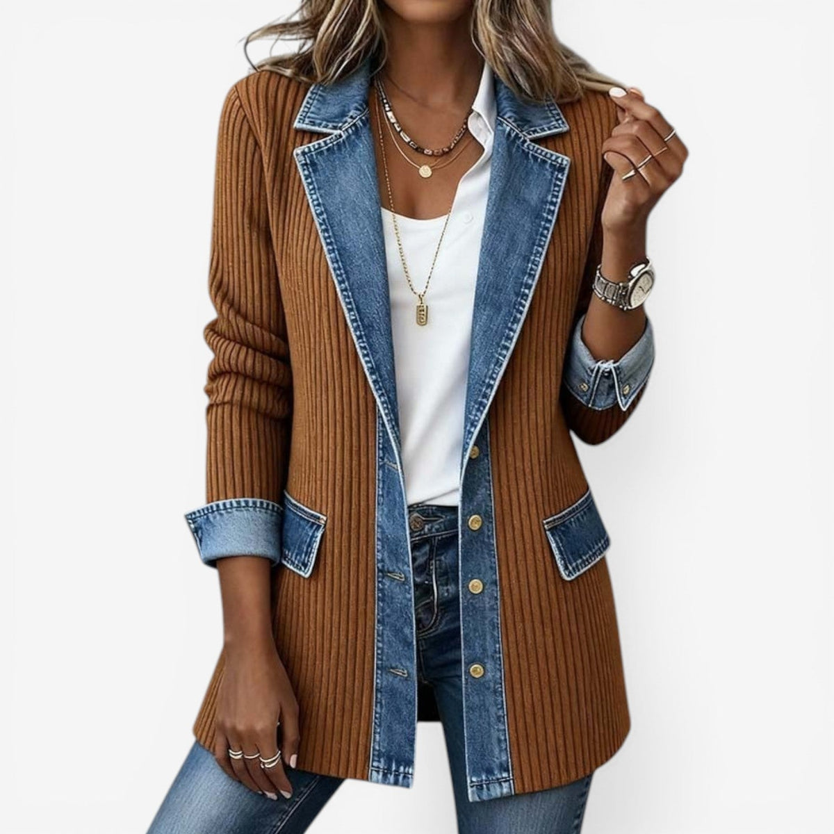 Ellen | Stickad jacka med jeanslook för dam - Khaki