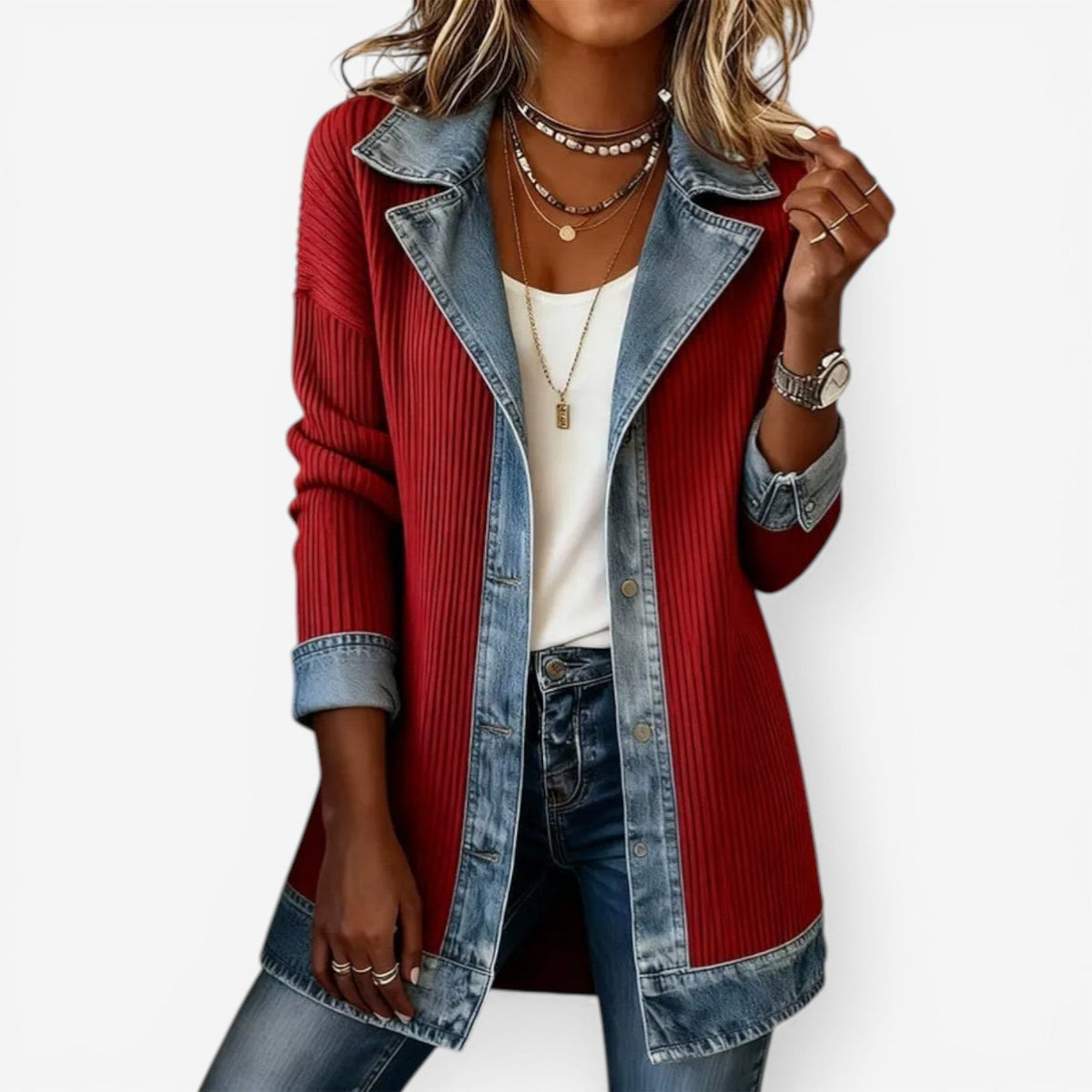 Ellen | Stickad jacka med jeanslook för dam - Röd