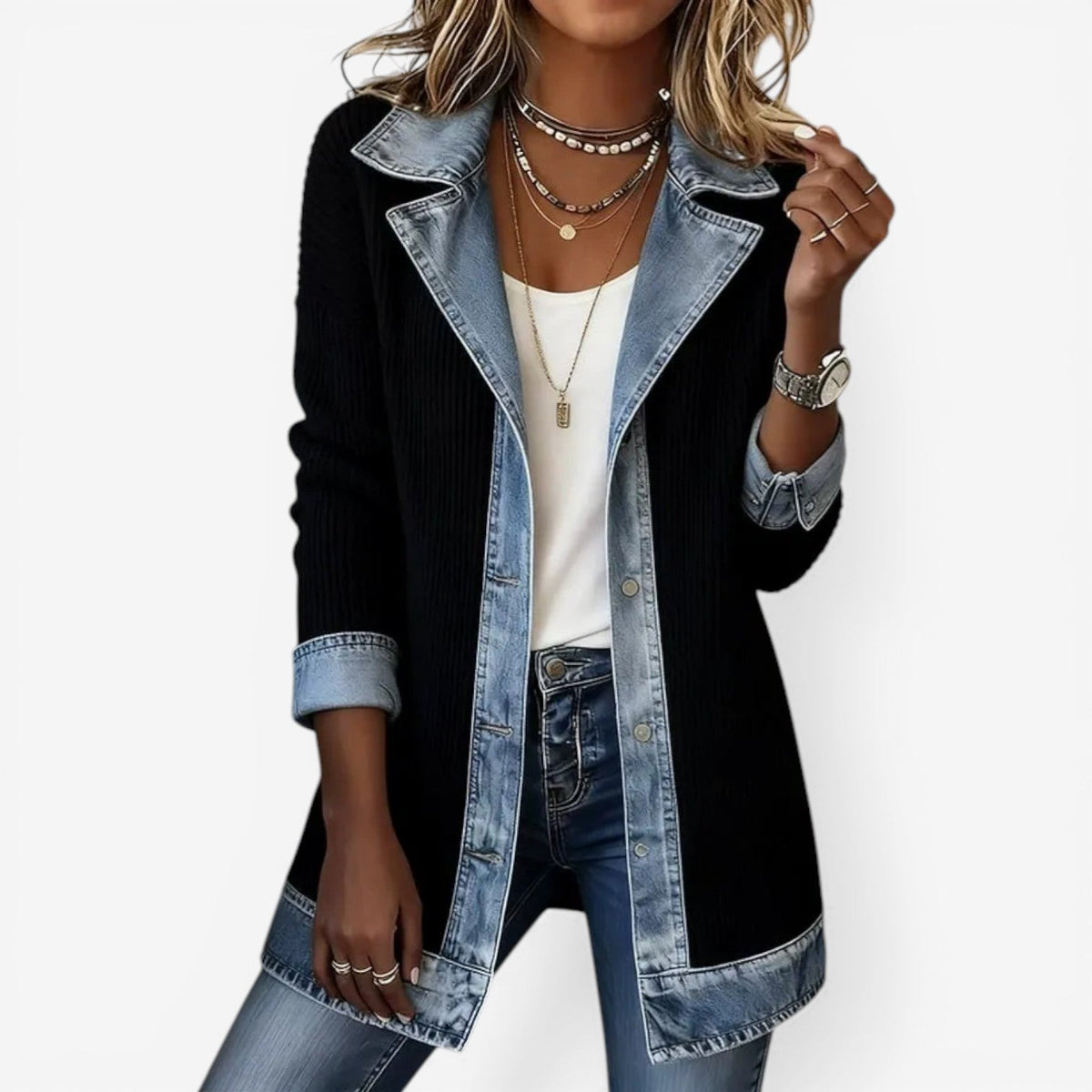 Ellen | Stickad jacka med jeanslook för dam - Svart
