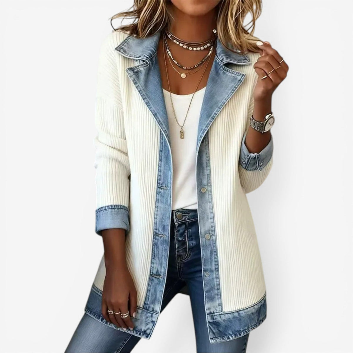Ellen | Stickad jacka med jeanslook för dam - Vit