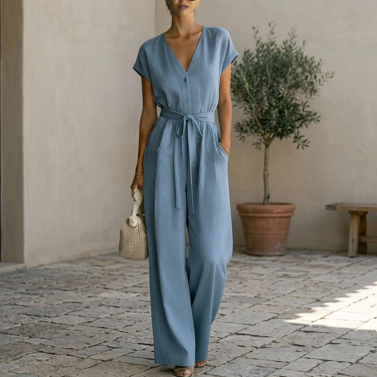 Elsa | Byxdress dam med v-ringning och vida ben - bild 6