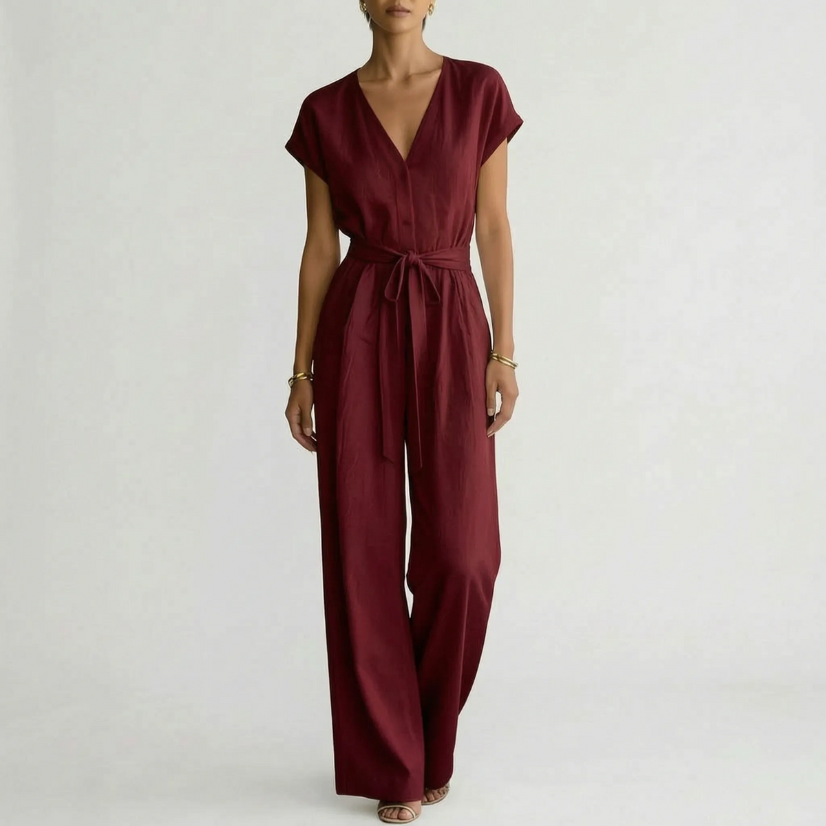 Elsa | Byxdress dam med v-ringning och vida ben - Bordeaux