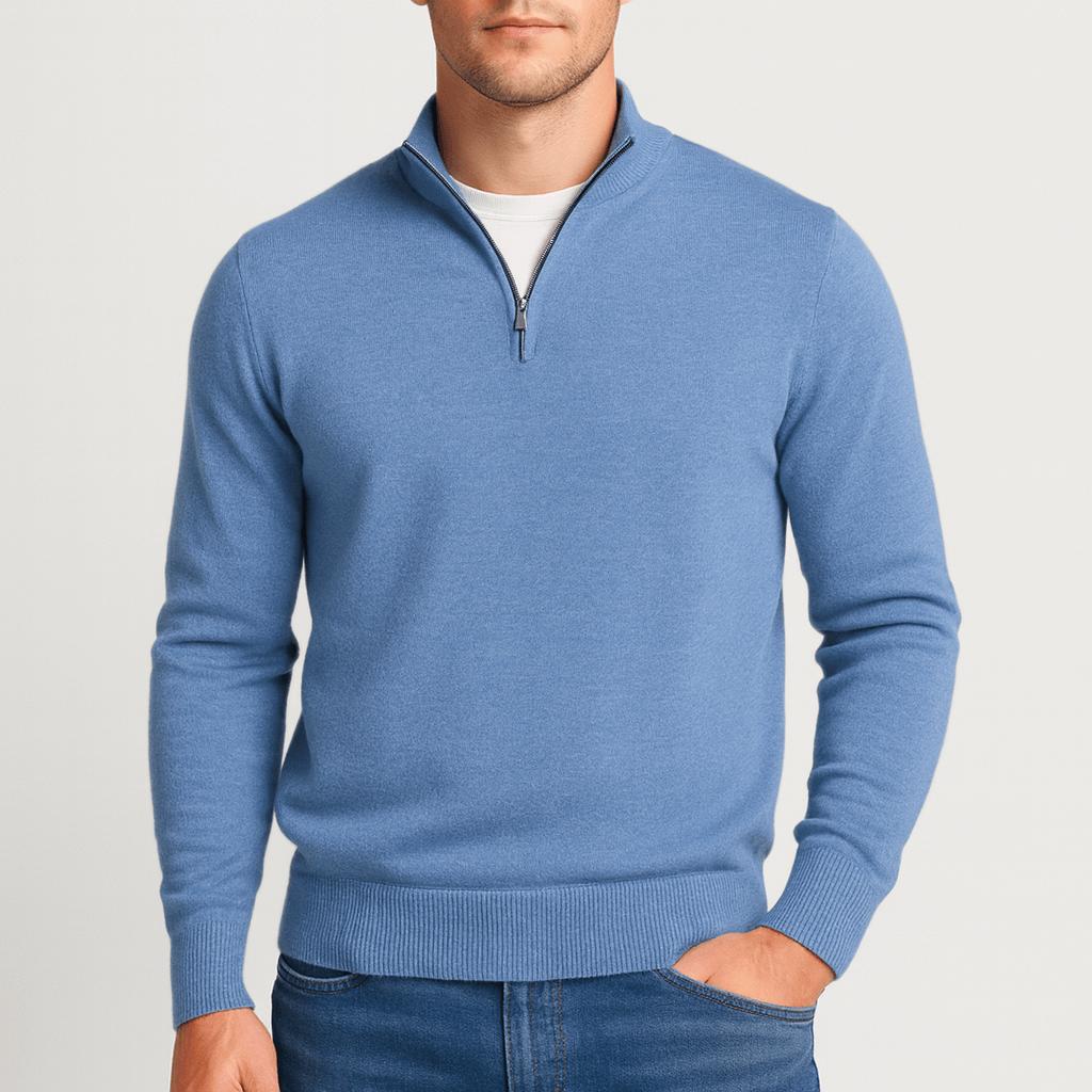 Kasper | Stickad halfzip-tröja i merinoull för herr - Blå